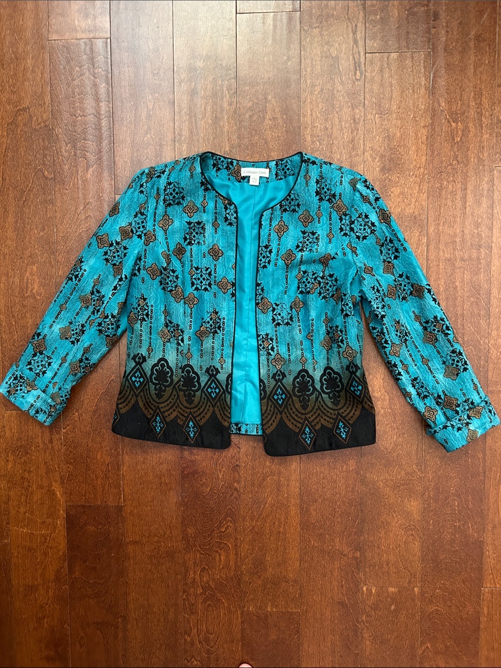 Coldwater Creek 100%Cotton Teal & Black Patterned Open-Front Jacket, Size 10 P